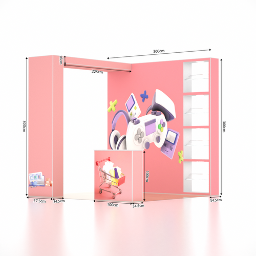 3x3m SEG Popup Booth with L-Arch Wall, 4 LED Showcases & Counter