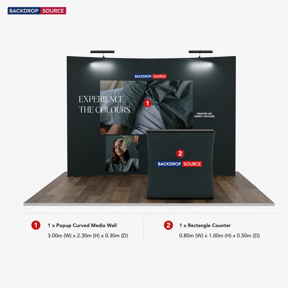 Gebogenes 3m x 3m Popup-Exhibit-Pro-3-in-1-Displayset mit Illume-Leuchten