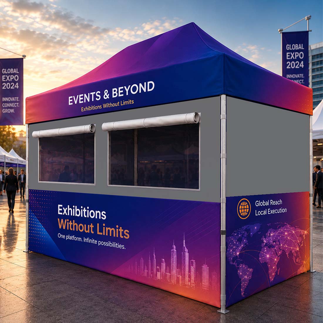 Stoff-Überdachungszelt für einen 4.5m x 3m großen Food-Messestand