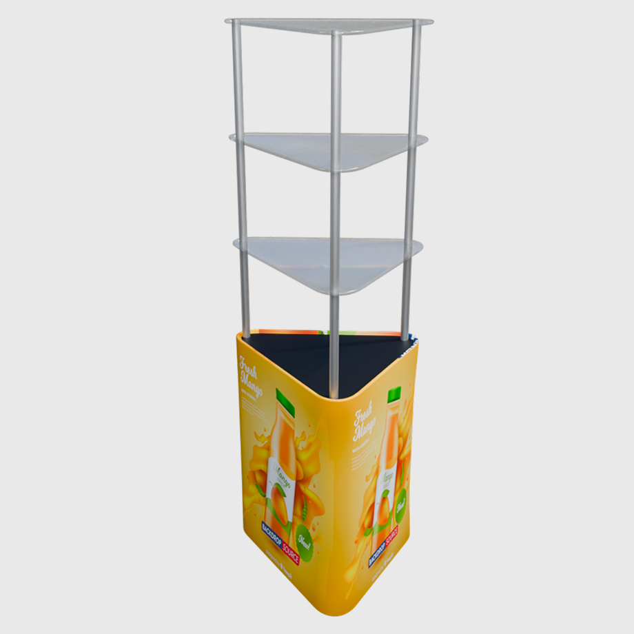 Triangular Fabric Display Counter with Acrylic Triple Shelves