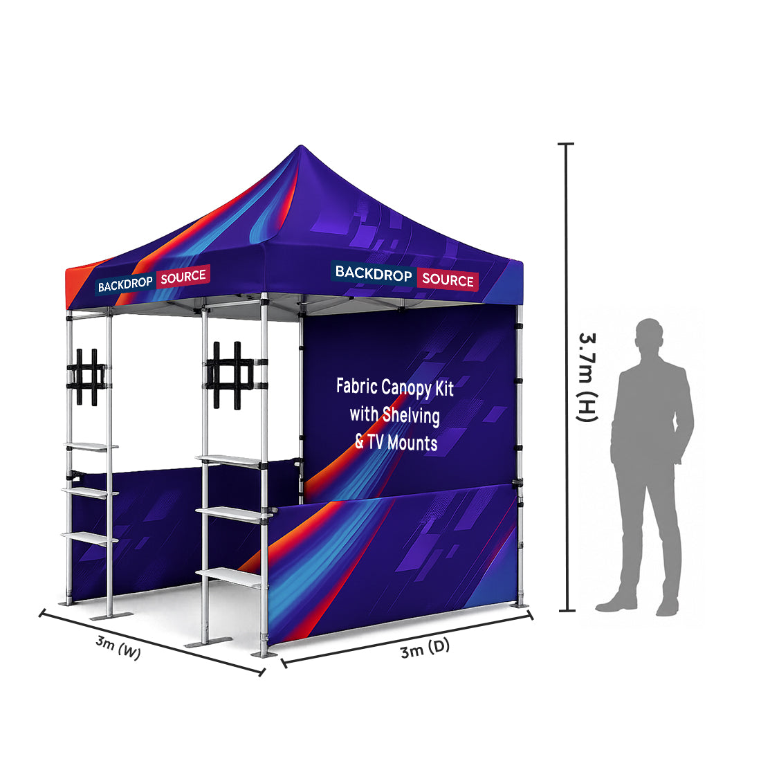 3m x 3m Stoff-Überdachungsset mit Regalen und TV-Halterungen