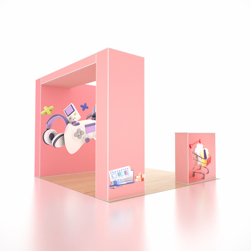 3x3m SEG Popup Booth with L-Arch Wall, 3 Showcases & Counter