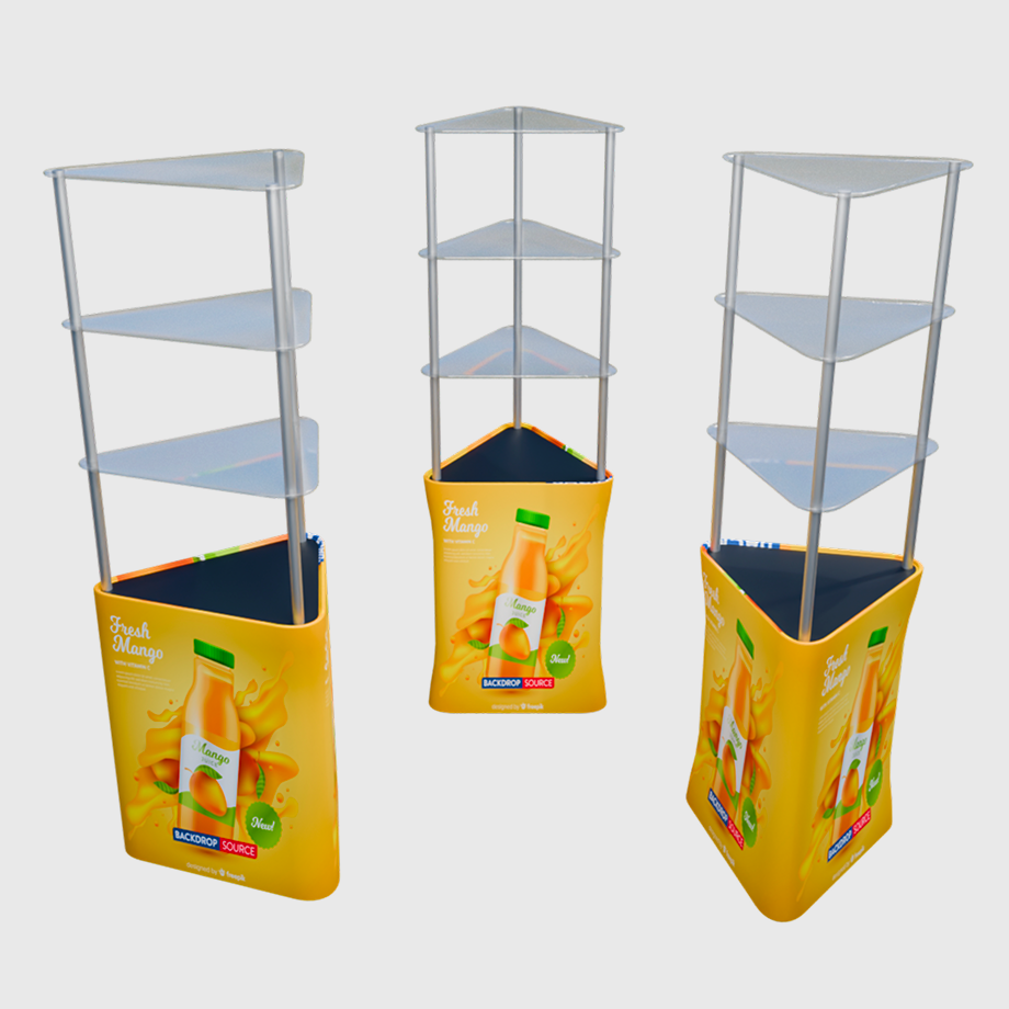 Triangular Fabric Display Counter with Acrylic Triple Shelves