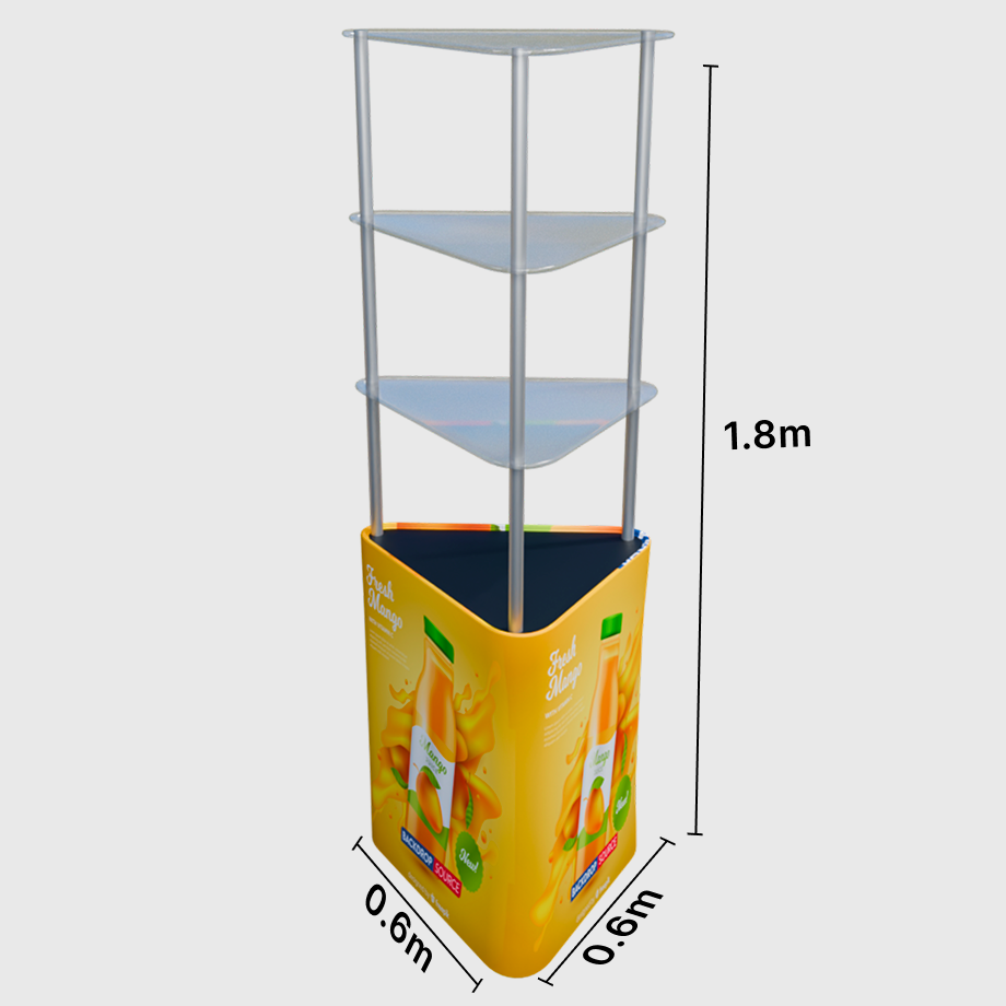 Triangular Fabric Display Counter with Acrylic Triple Shelves