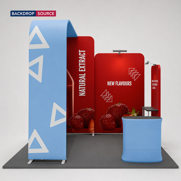 3x3m L-Arch Booth Kit with Straight Walls, Shelving & 2 Counters