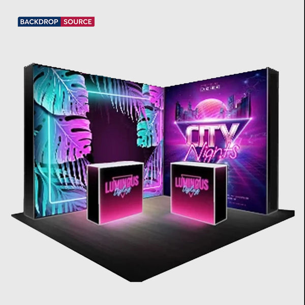 L-Shaped Illuminated Media Wall Set with Counters for 3x3m Booths