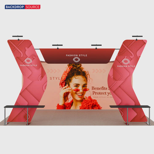 6x3m Booth Kit with 6m Backwall, V-Shape Shelving & Sign