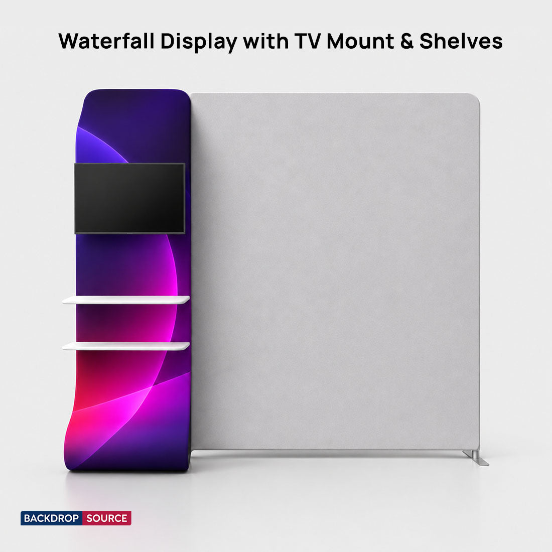 Wasserfall-Display für den Einzelhandel mit TV-Halterung und Ablageregälen
