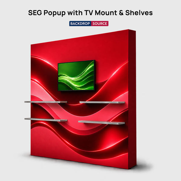 SEG-Popup-Display mit TV-Halterung und externen Regalen
