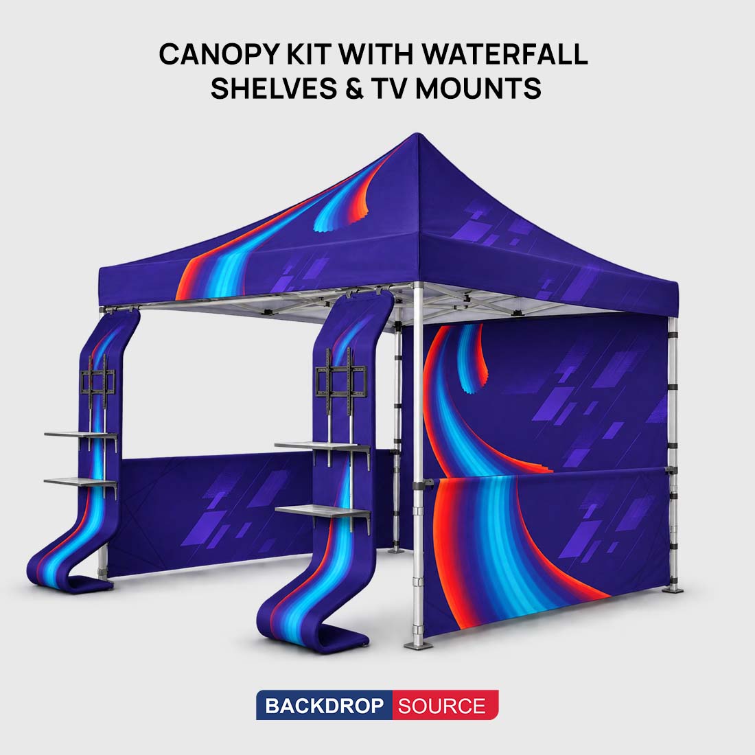 3m x 3m Stoff-Überdachungsset mit Wasserfallregalen und TV-Halterungen