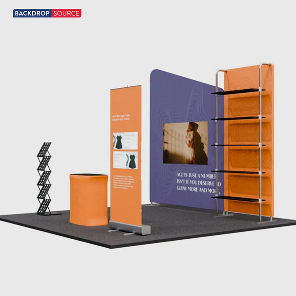 3x3m Booth Kit with Inclined Wall, Pegboard Shelving & Roll-Up