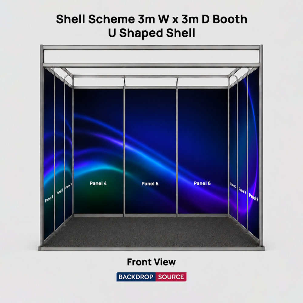 Messegrafiken für einen 3m breiten x 3m tiefen Messestand mit Octanorm-System