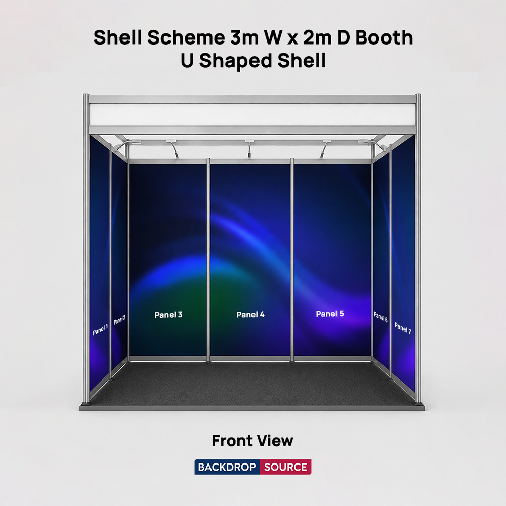 Messegrafiken für einen 3m breiten x 2m tiefen Messestand mit Octanorm-System