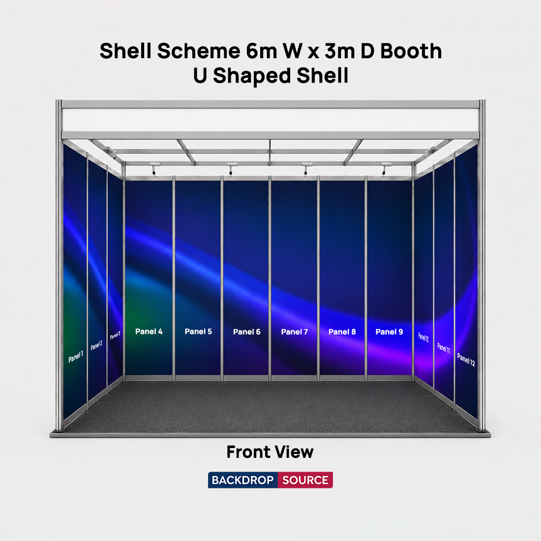 Messegrafiken für einen 6m breiten x 3m tiefen Messestand mit Octanorm-System