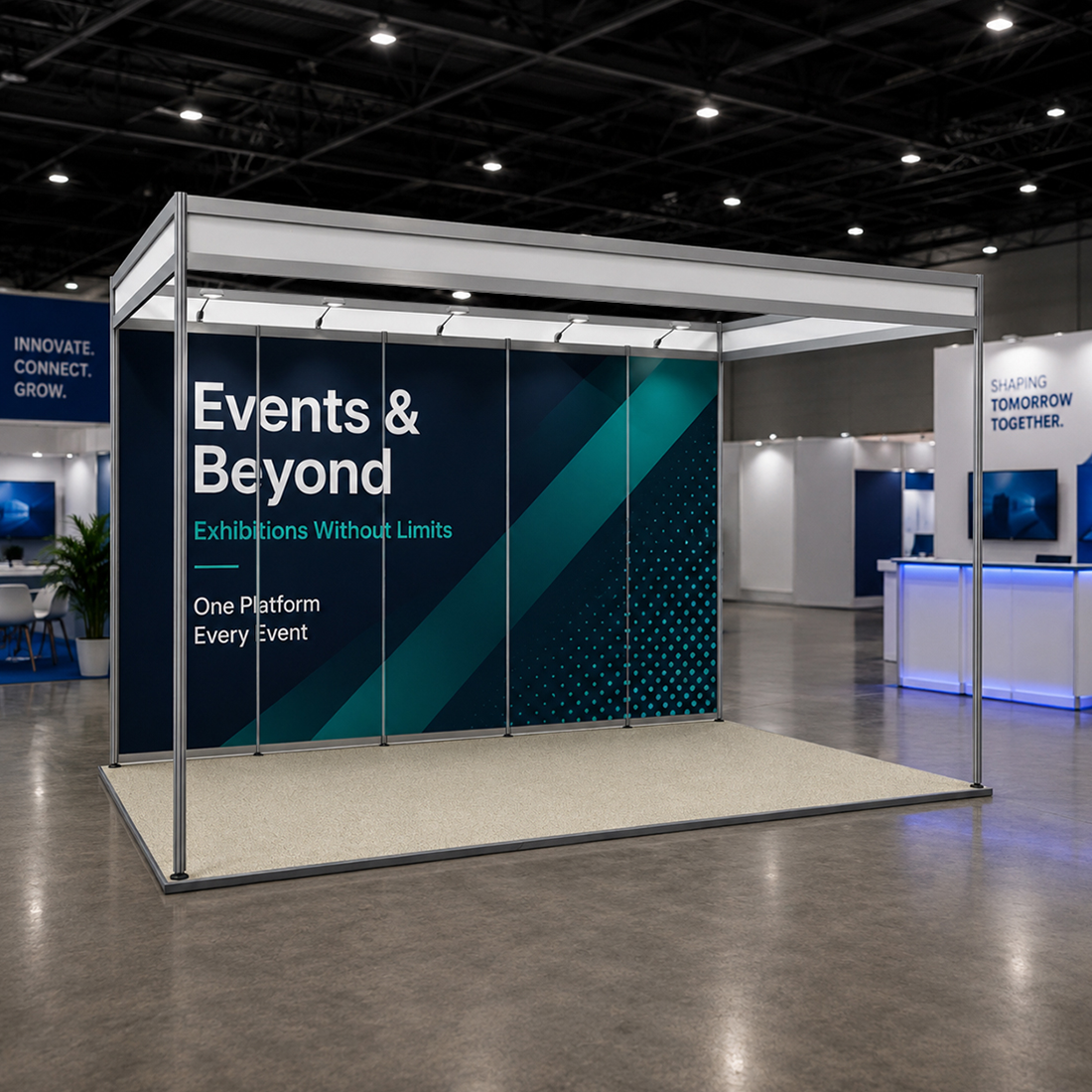 Messegrafiken für einen 5m breiten x 3m tiefen Messestand mit Octanorm-System