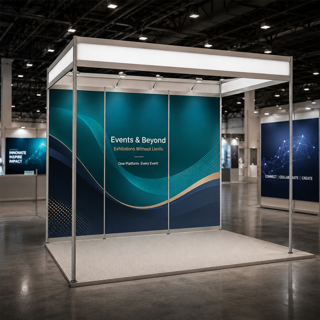 Messegrafiken für einen 3m breiten x 2m tiefen Messestand mit Octanorm-System