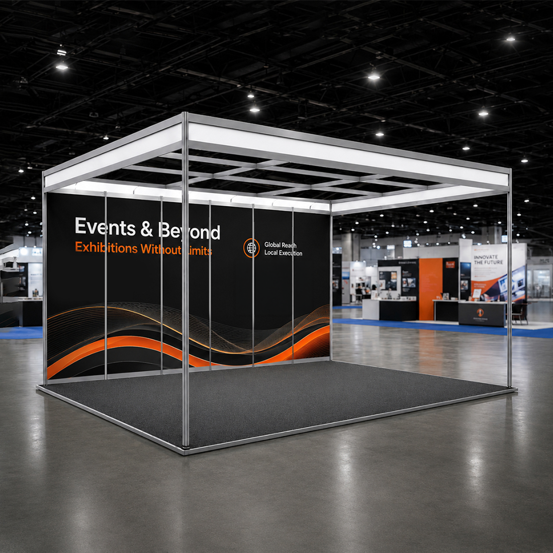 Messegrafiken für einen 6m breiten x 3m tiefen Messestand mit Octanorm-System