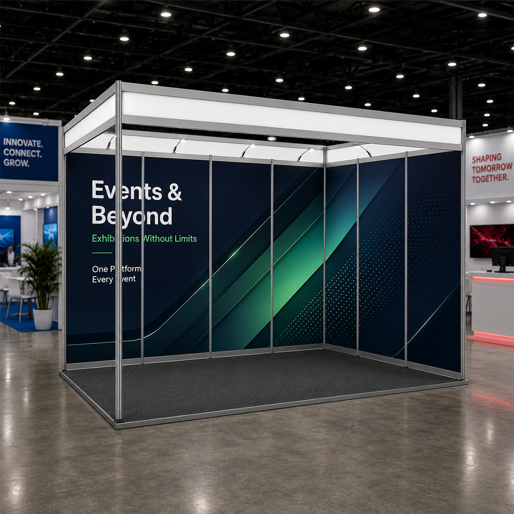 Messegrafiken für einen 4m breiten x 3m tiefen Messestand mit Octanorm-System