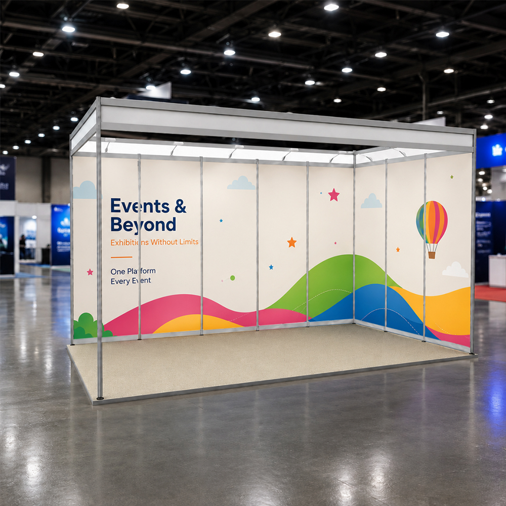 Messegrafiken für einen 5m breiten x 3m tiefen Messestand mit Octanorm-System