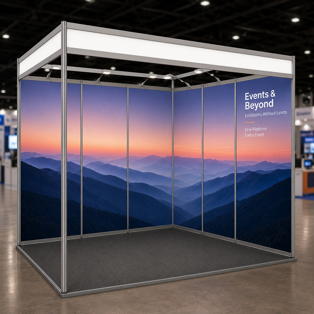 Messegrafiken für einen 3m breiten x 3m tiefen Messestand mit Octanorm-System