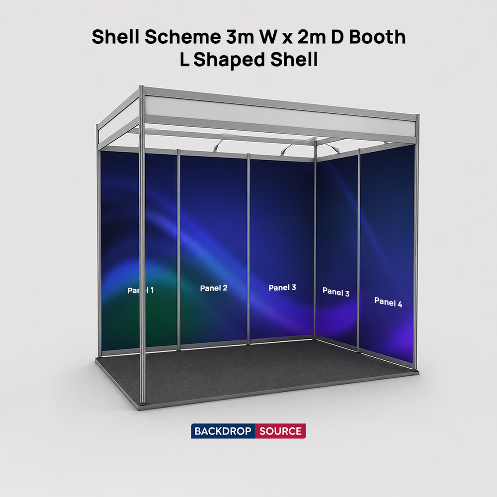 Messegrafiken für einen 3m breiten x 2m tiefen Messestand mit Octanorm-System