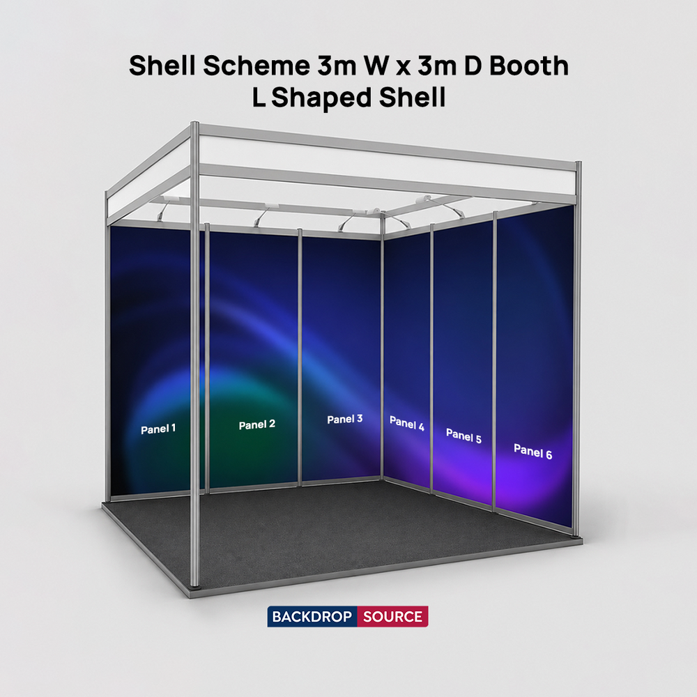 Messegrafiken für einen 3m breiten x 3m tiefen Messestand mit Octanorm-System