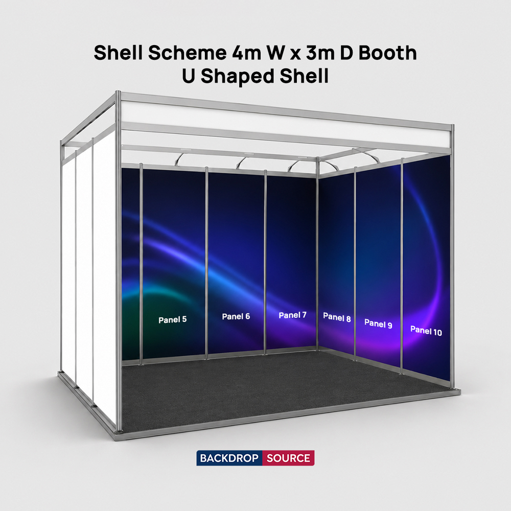 Messegrafiken für einen 4m breiten x 3m tiefen Messestand mit Octanorm-System