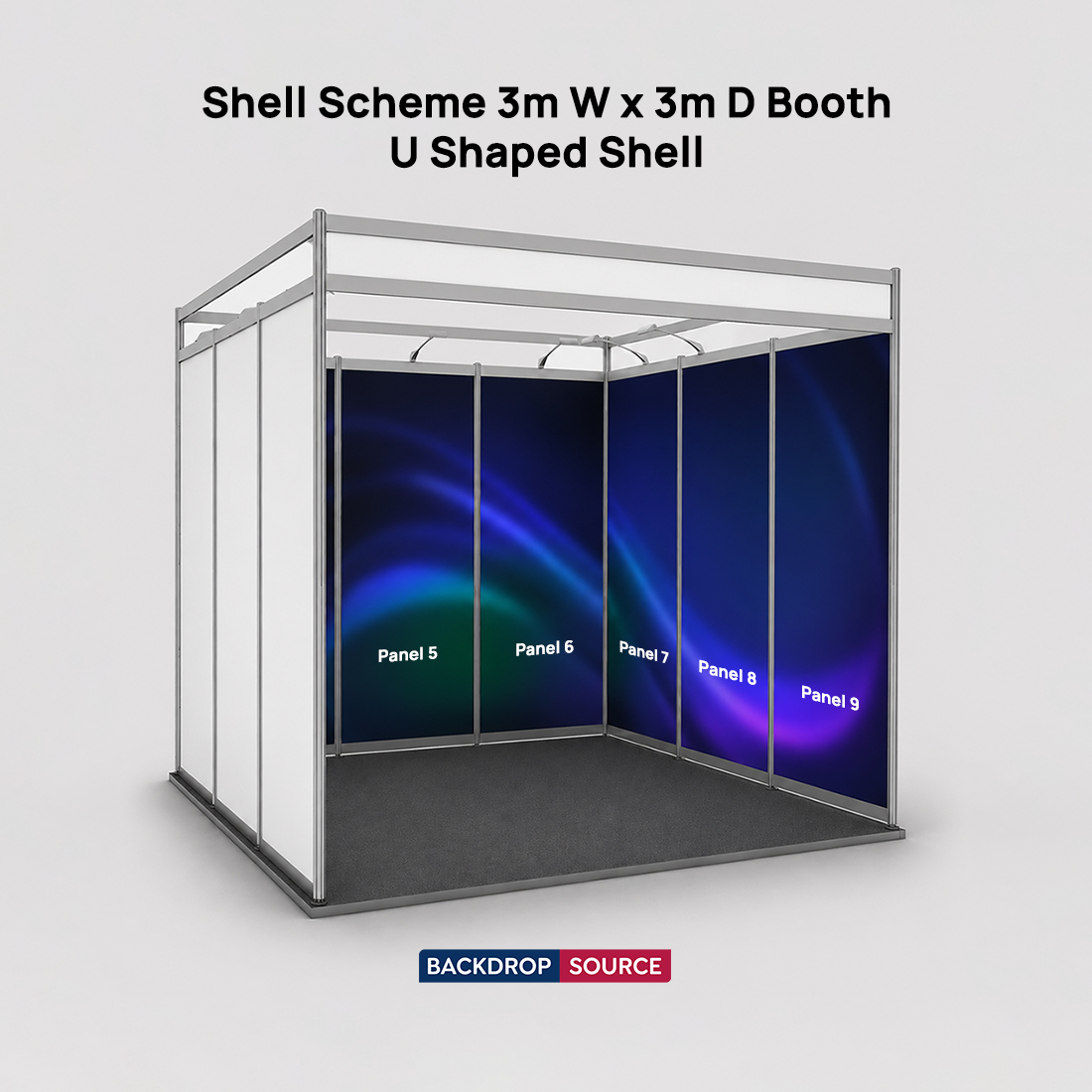 Messegrafiken für einen 3m breiten x 3m tiefen Messestand mit Octanorm-System