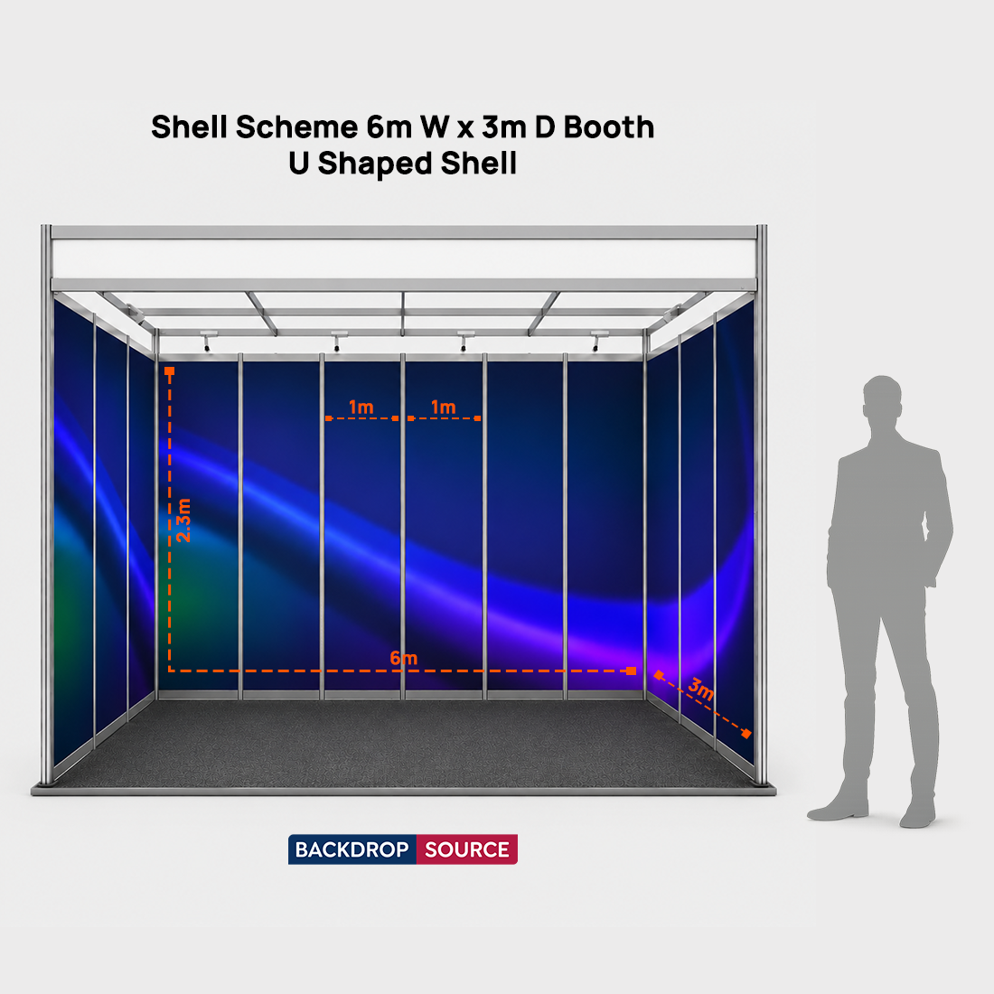 Messegrafiken für einen 6m breiten x 3m tiefen Messestand mit Octanorm-System
