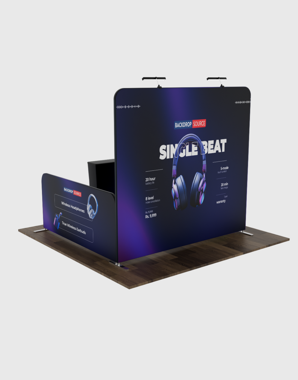 Ultimatives 3m x 3m Messestand-Set mit Rückwand, Seitenwänden, Theke und Beleuchtung