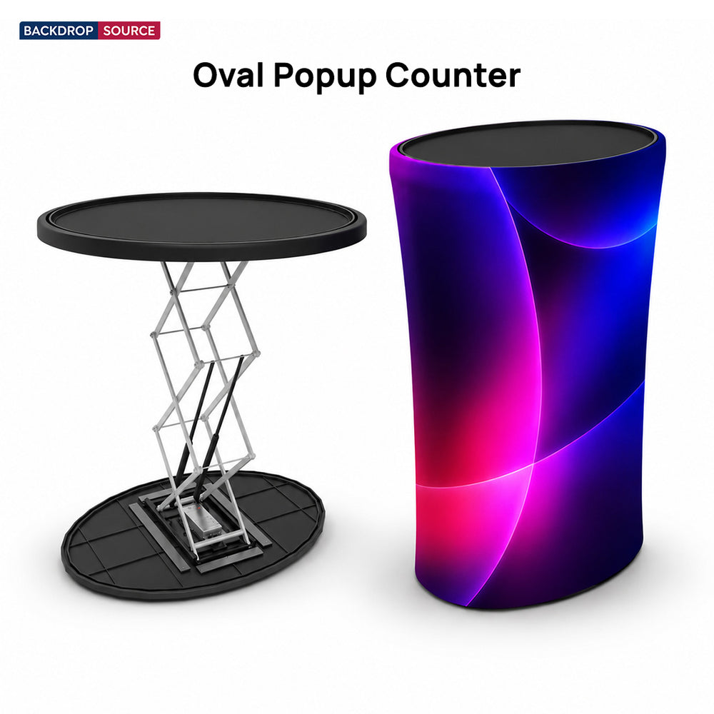 Hinterleuchtete ovale Pop-up-Theke aus Spannstoff