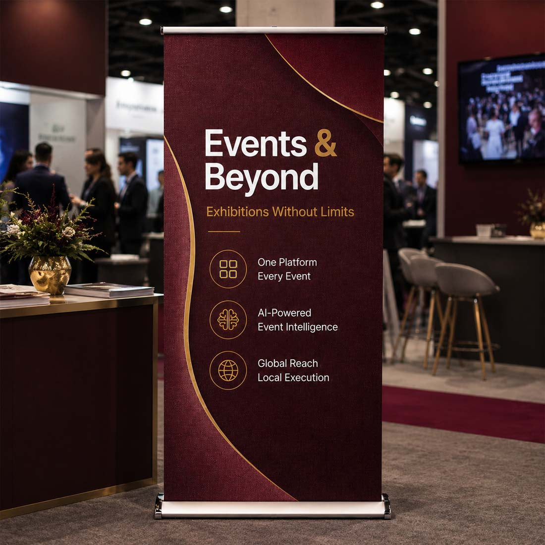 Breites Textil-Roll-up-Banner mit Doppelbildschirm und breitem Standfuß