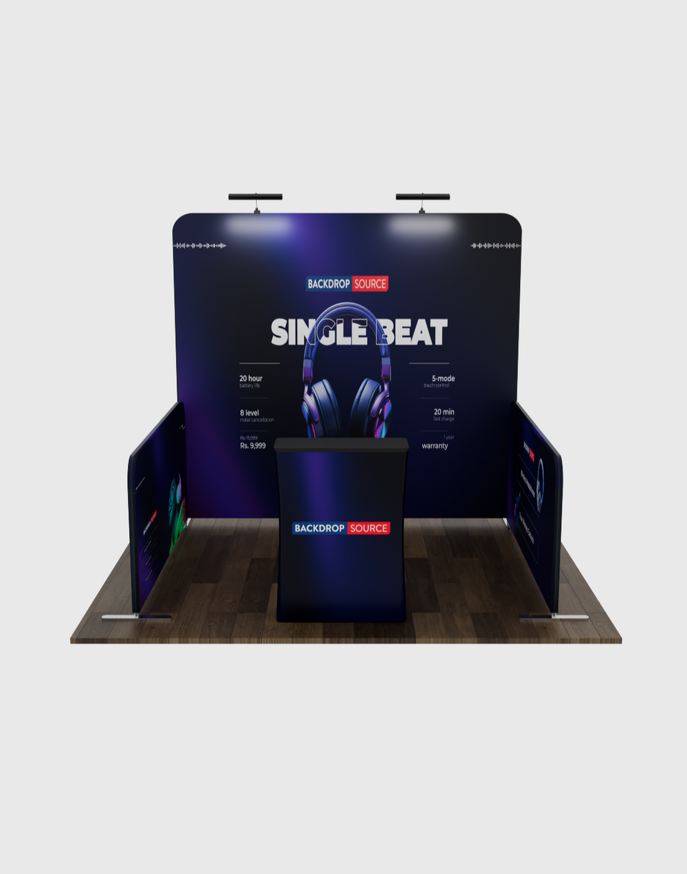Ultimatives 3m x 3m Messestand-Set mit Rückwand, Seitenwänden, Theke und Beleuchtung
