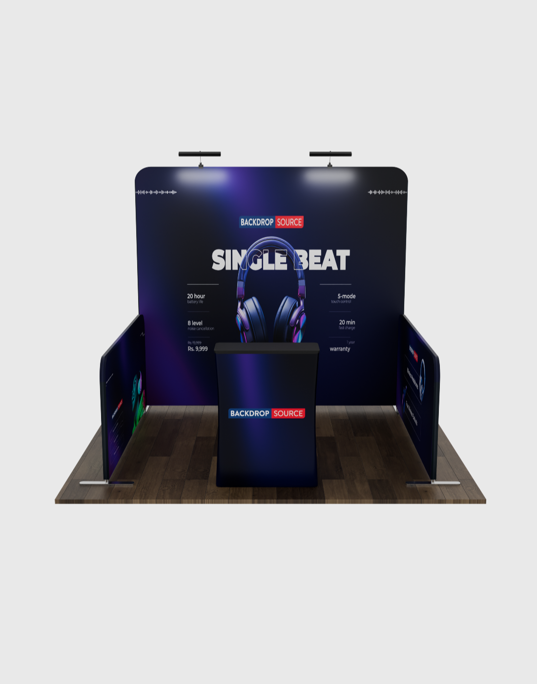 Ultimatives 3m x 3m Messestand-Set mit Rückwand, Seitenwänden, Theke und Beleuchtung