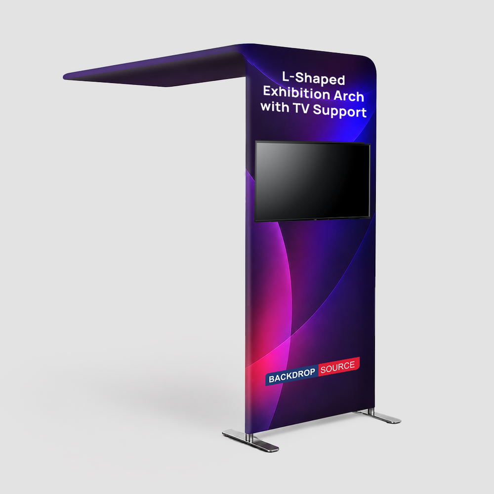 L-förmige Displaywand aus Spannstoff mit Rohrrahmen