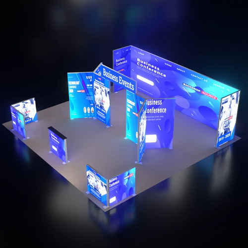 6m Backlit SEG Island Booth with Y-Walls, Header & Counter