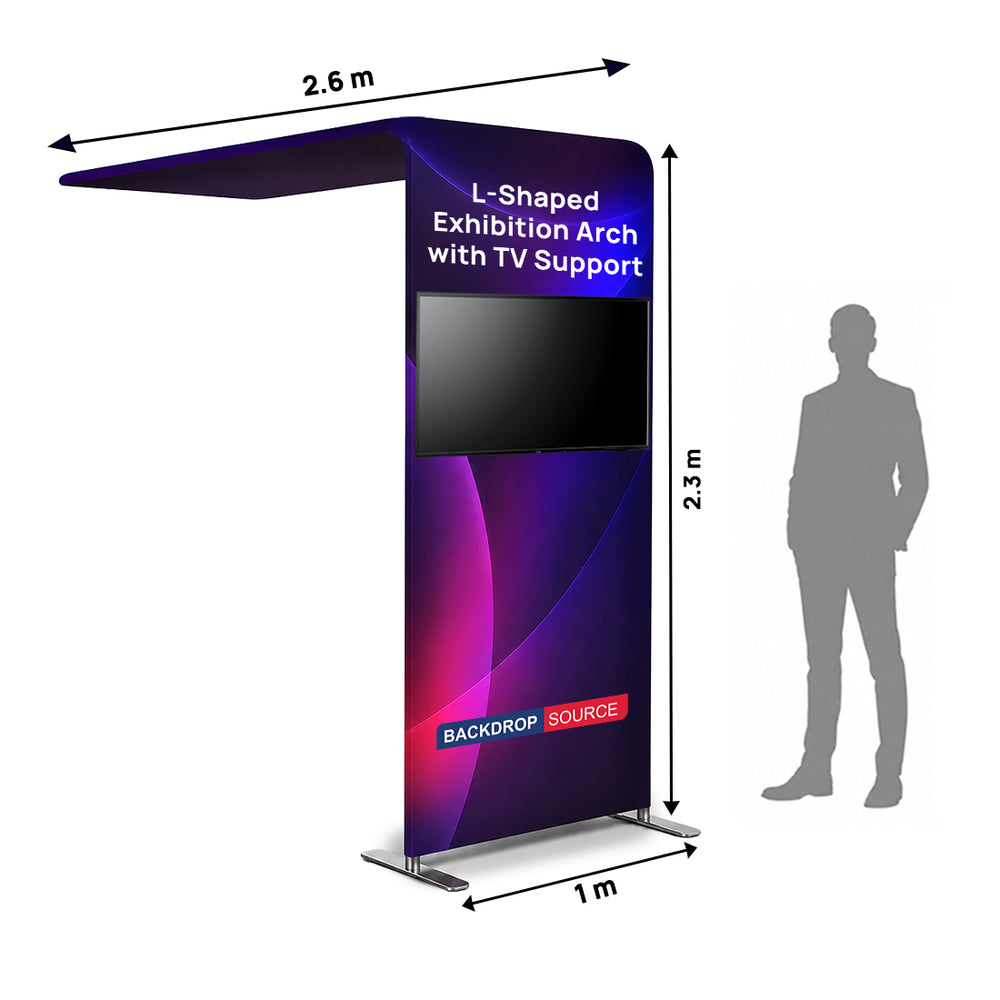 L-förmige Displaywand aus Spannstoff mit Rohrrahmen