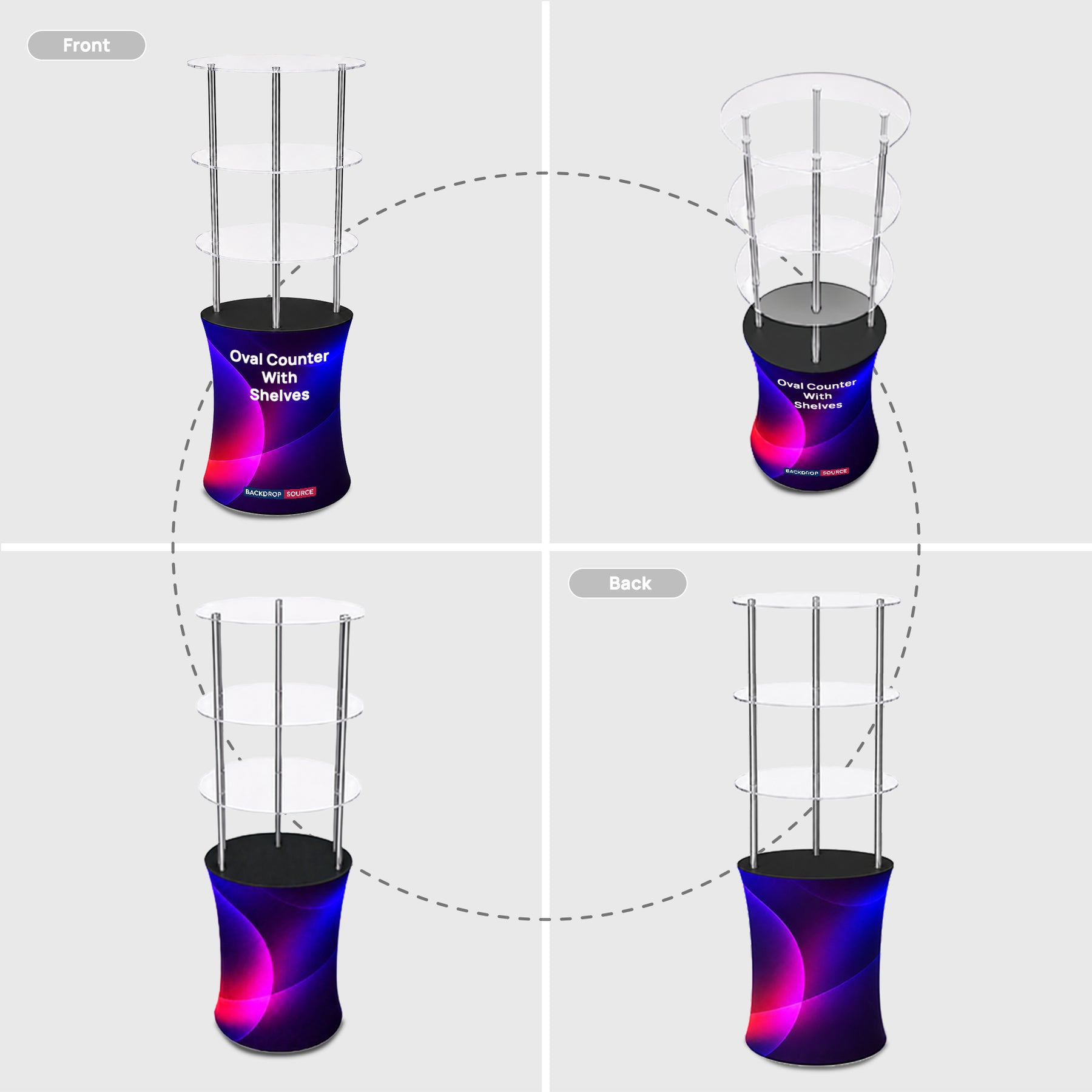 Ovaler Displaytresen aus Stoff mit drei Acrylglasböden