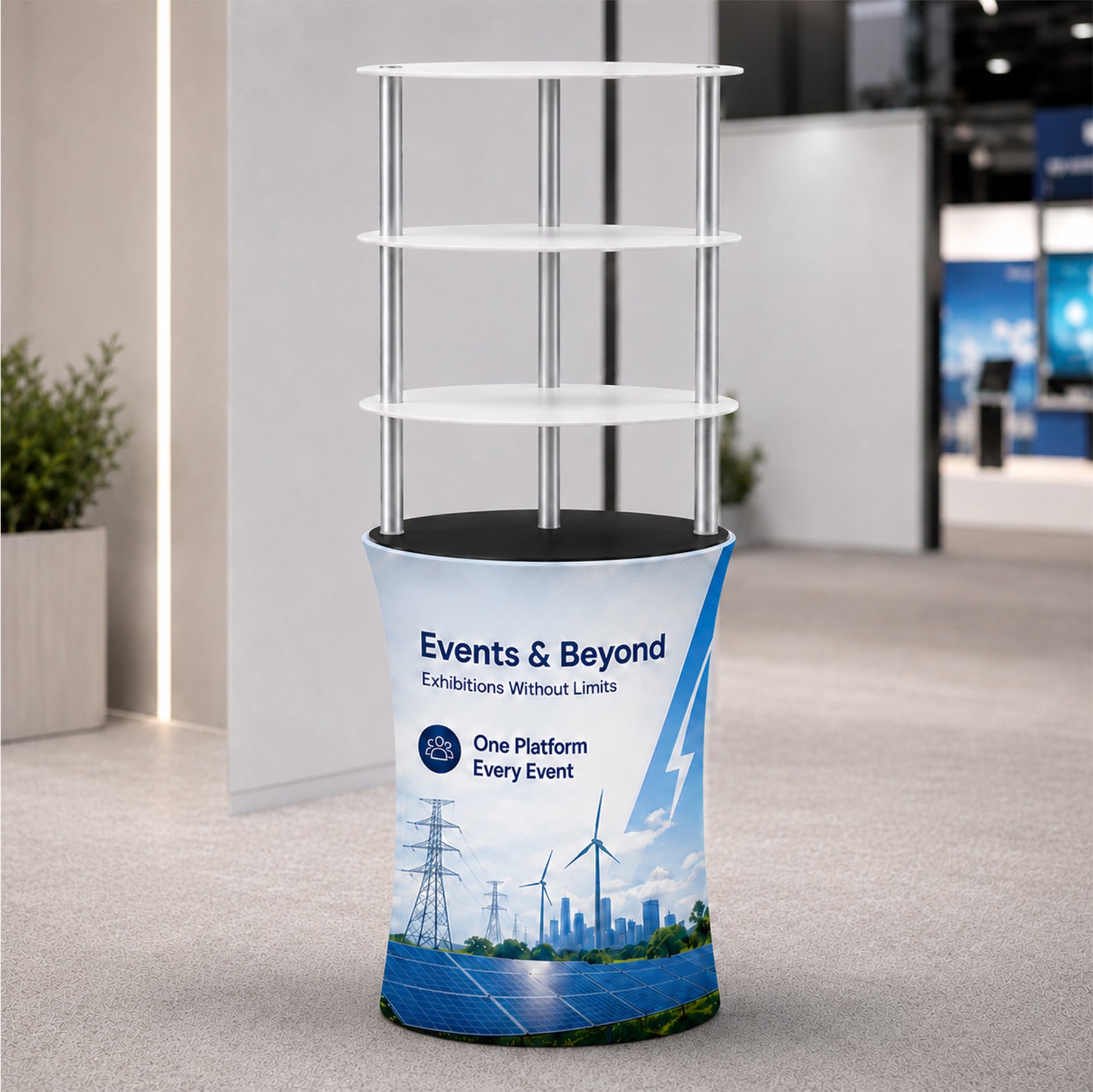 Ovaler Displaytresen aus Stoff mit drei Acrylglasböden