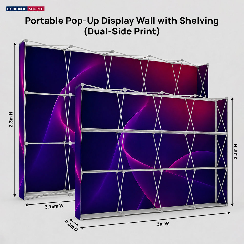 Tragbare Pop-up-Displaywand mit Regalen (beidseitiger Druck)