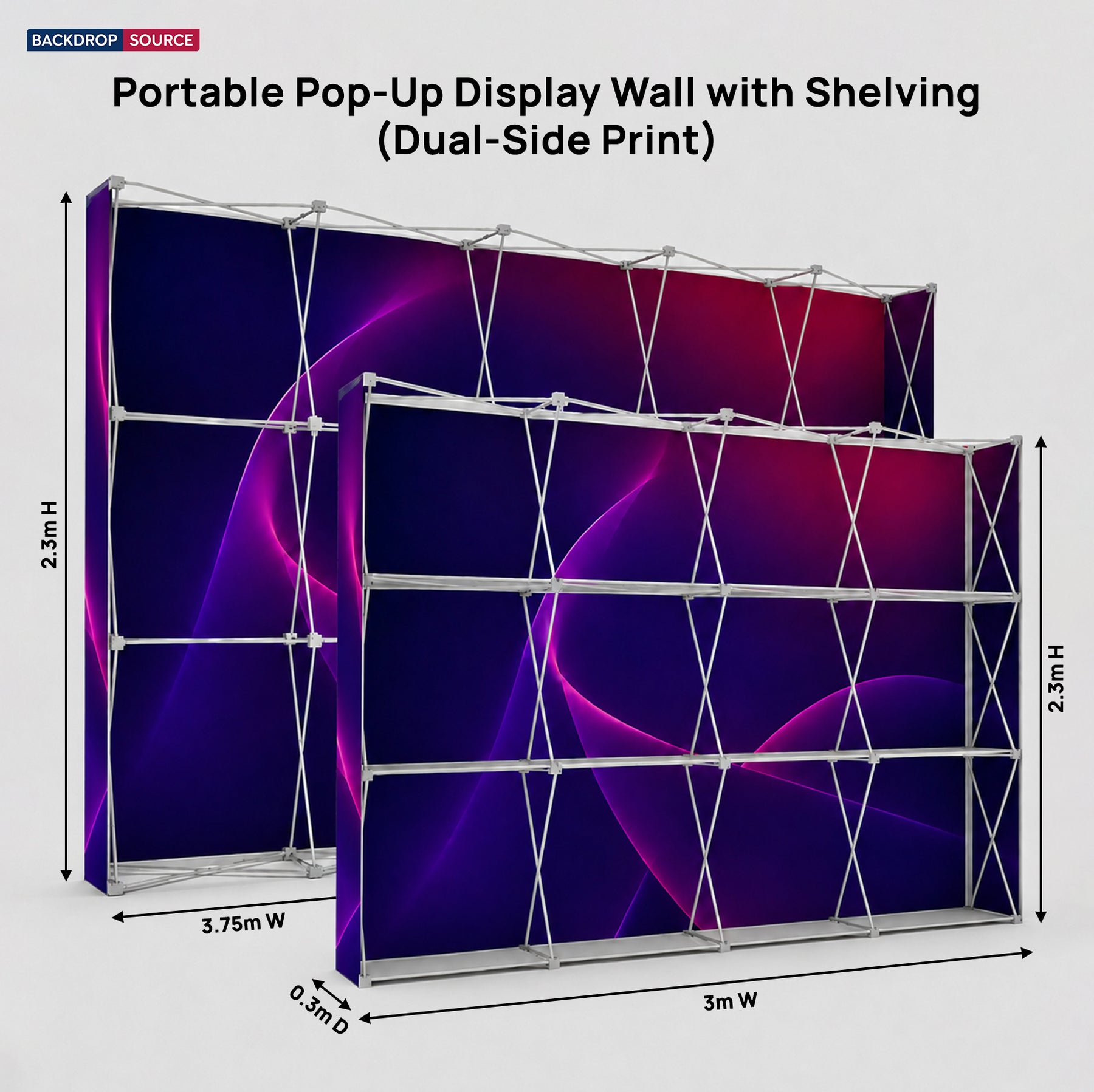Tragbare Pop-up-Displaywand mit Regalen (beidseitiger Druck)