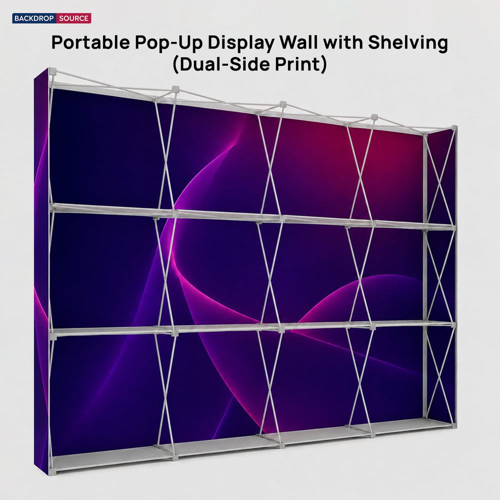 Tragbare Pop-up-Displaywand mit Regalen (beidseitiger Druck)