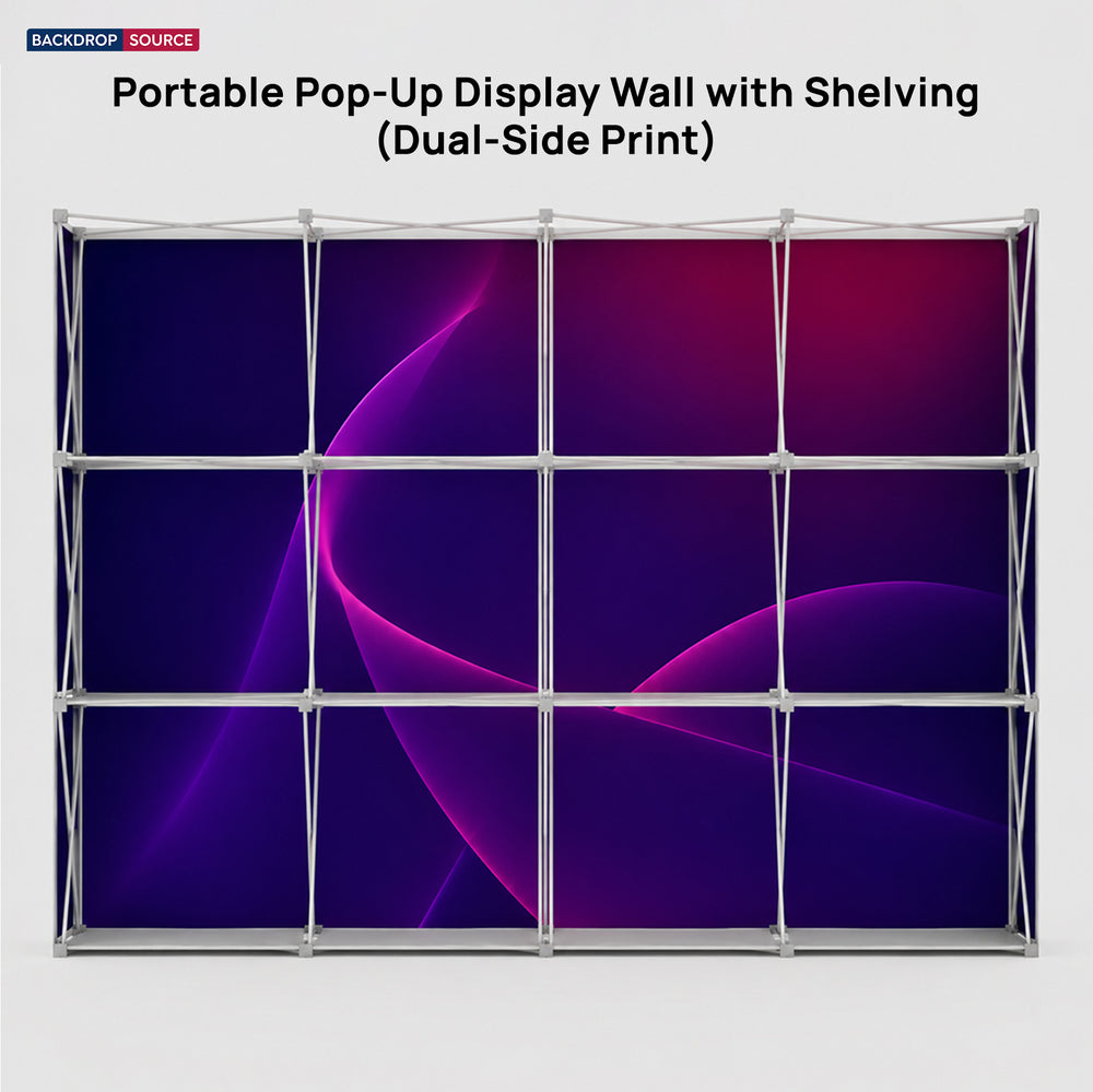 Tragbare Pop-up-Displaywand mit Regalen (beidseitiger Druck)