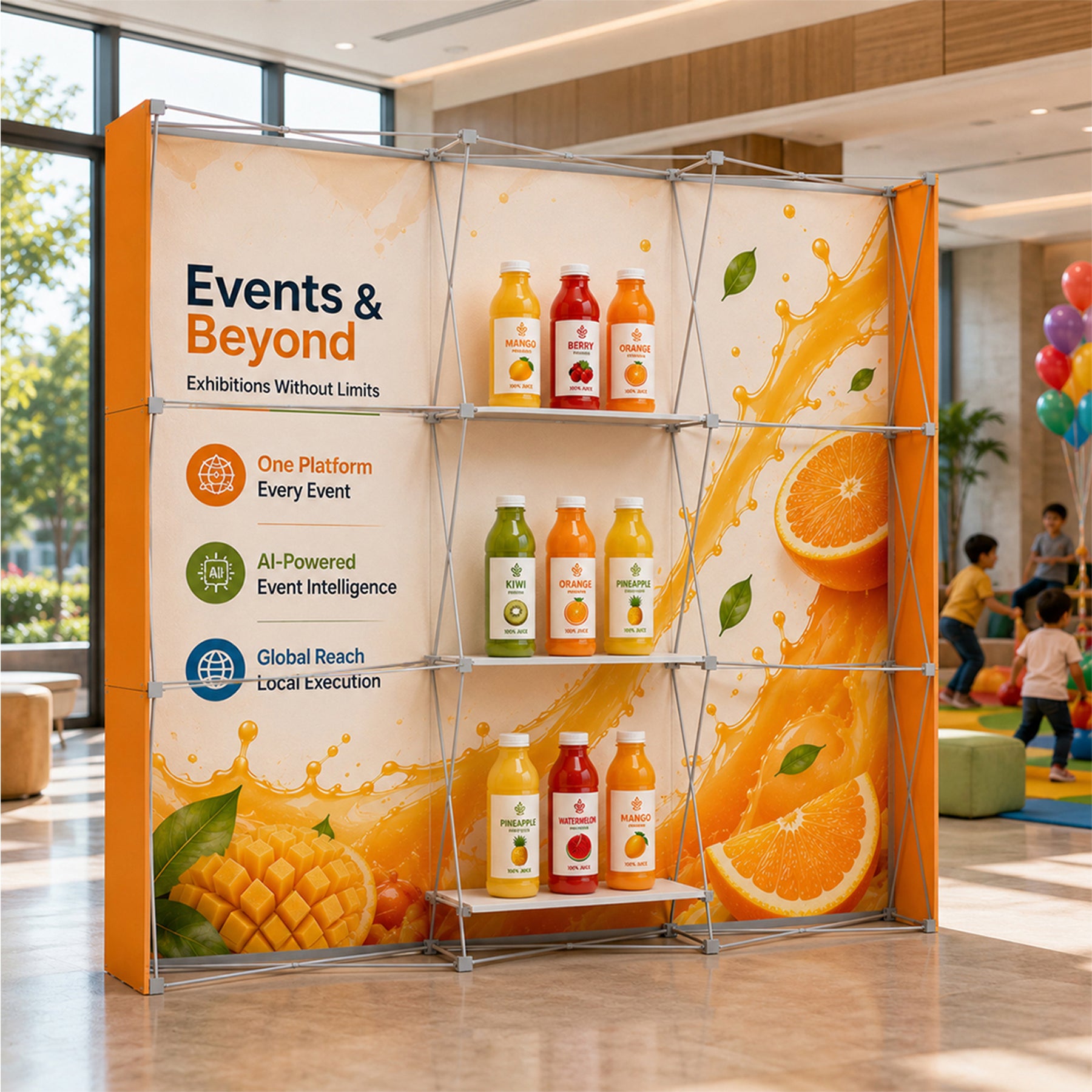 Tragbare Pop-up-Displaywand mit Regalen (beidseitiger Druck)