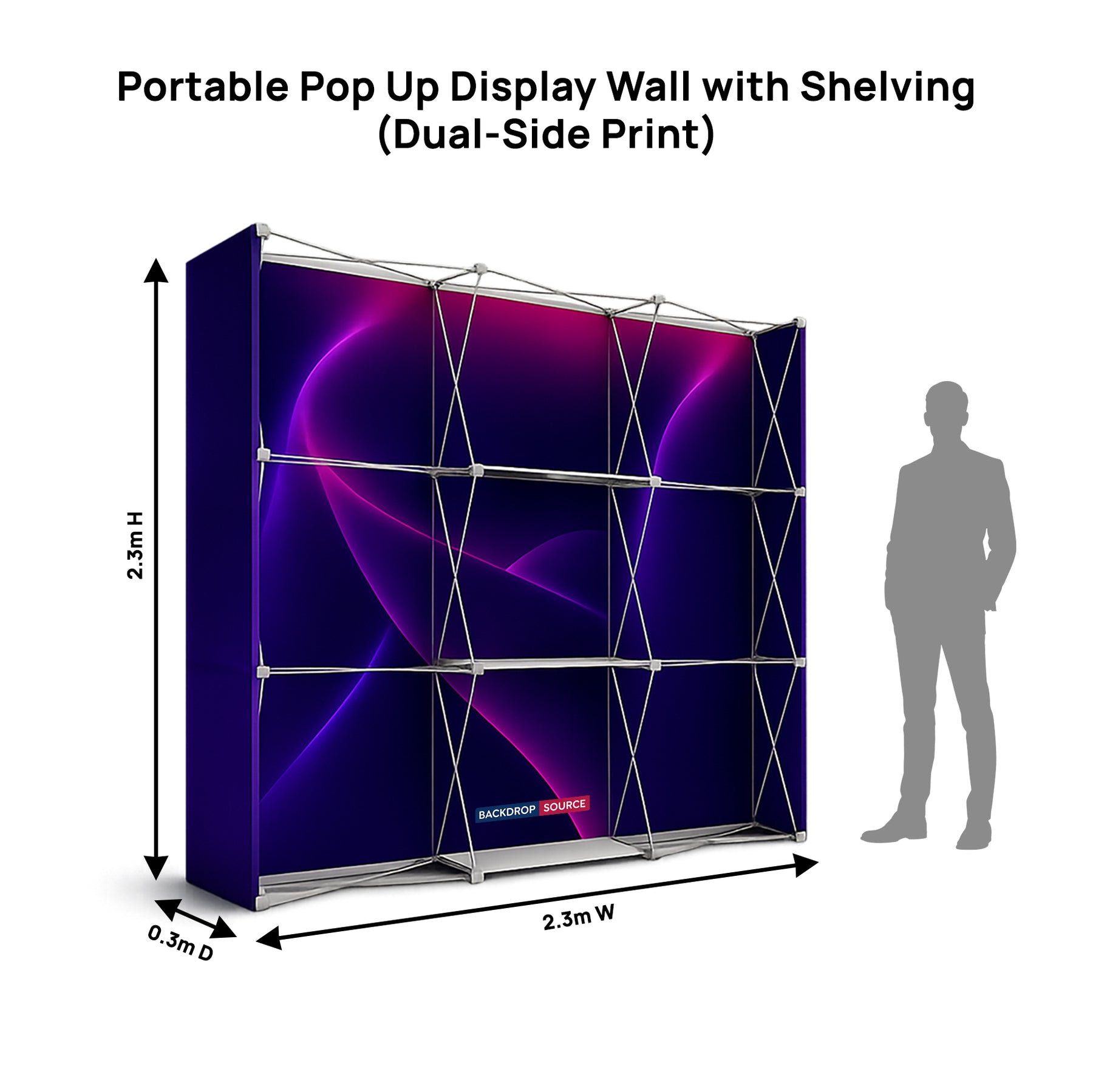 Tragbare Pop-up-Displaywand mit Regalen (beidseitiger Druck)