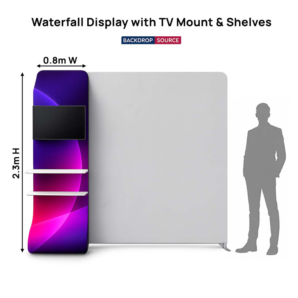Wasserfall-Display für den Einzelhandel mit TV-Halterung und Ablageregälen