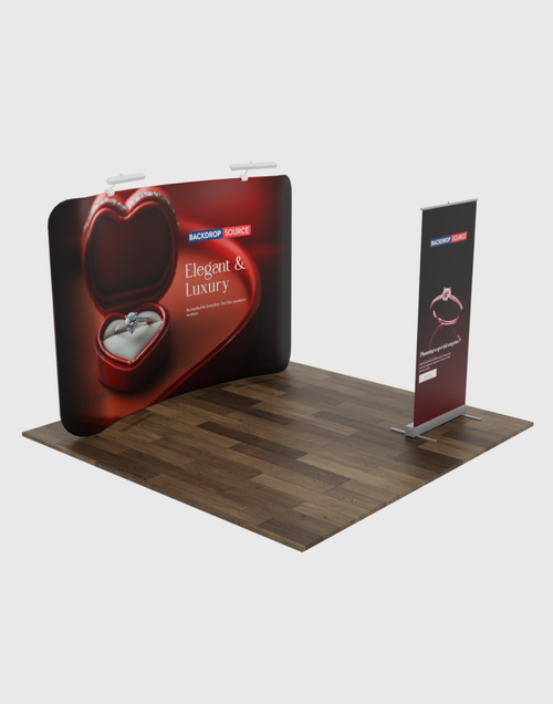 3m x 3m Messestand-Set mit Rückwand und Roll-up-Bannerständer