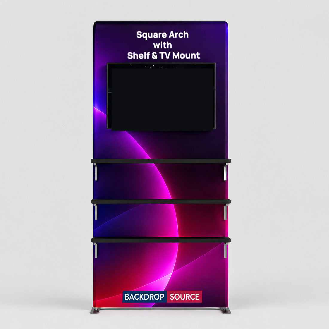 Spannstoff-Ausstellungsdisplay in Form eines quadratischen Bogens mit Ablage und TV-Halterung