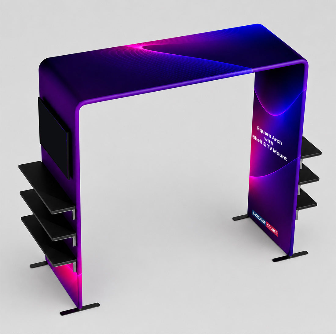 Spannstoff-Ausstellungsdisplay in Form eines quadratischen Bogens mit Ablage und TV-Halterung