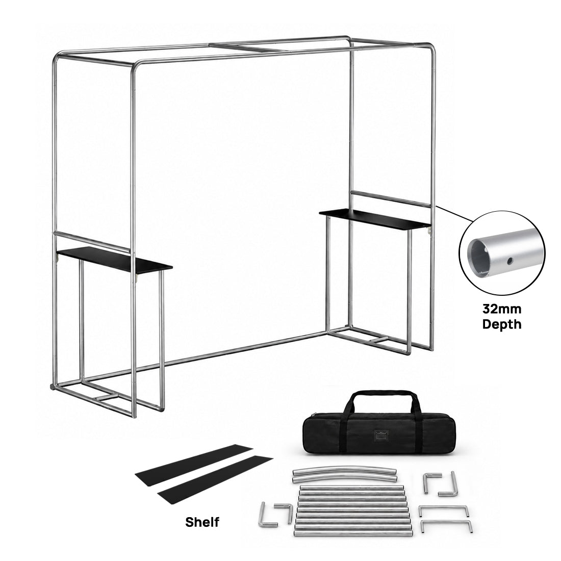 Quadratischer Stoffbogen-Messestand mit integriertem Regal